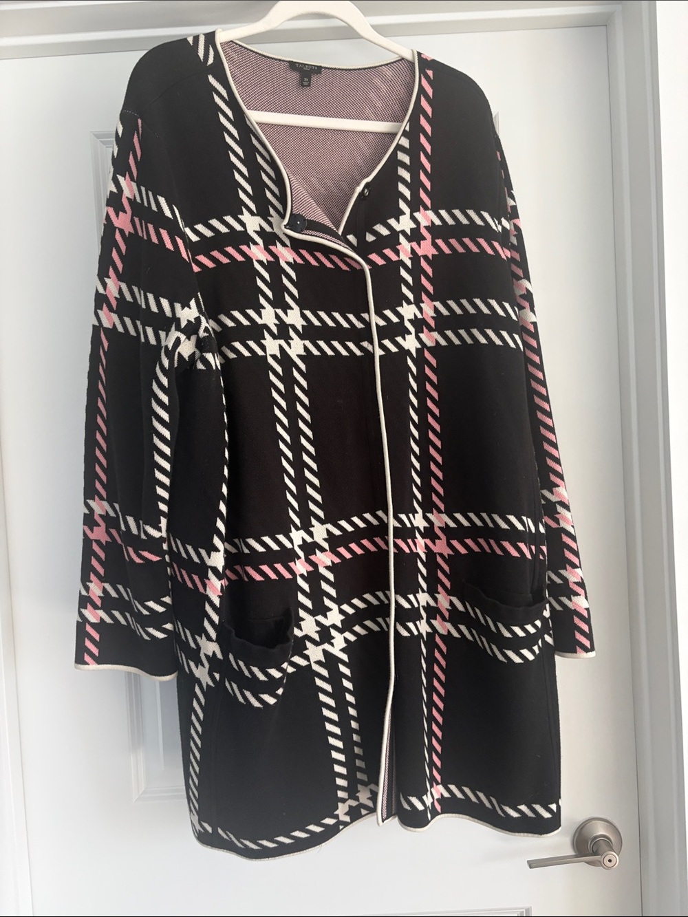 Talbots Black Plaid Open-Front Jacket with Pink and White Accents